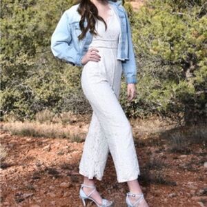 Lace Jumpsuit Women's Small Off White Pink Lining Wedding Formal Wide Leg Dainty